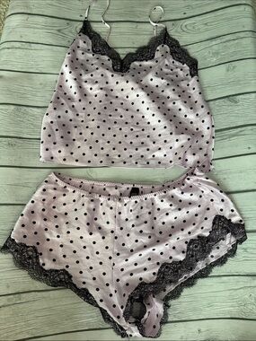 Victoria's Secret Pink Polka Dot Satin Cami & Short Sleep Set with Black Lace
